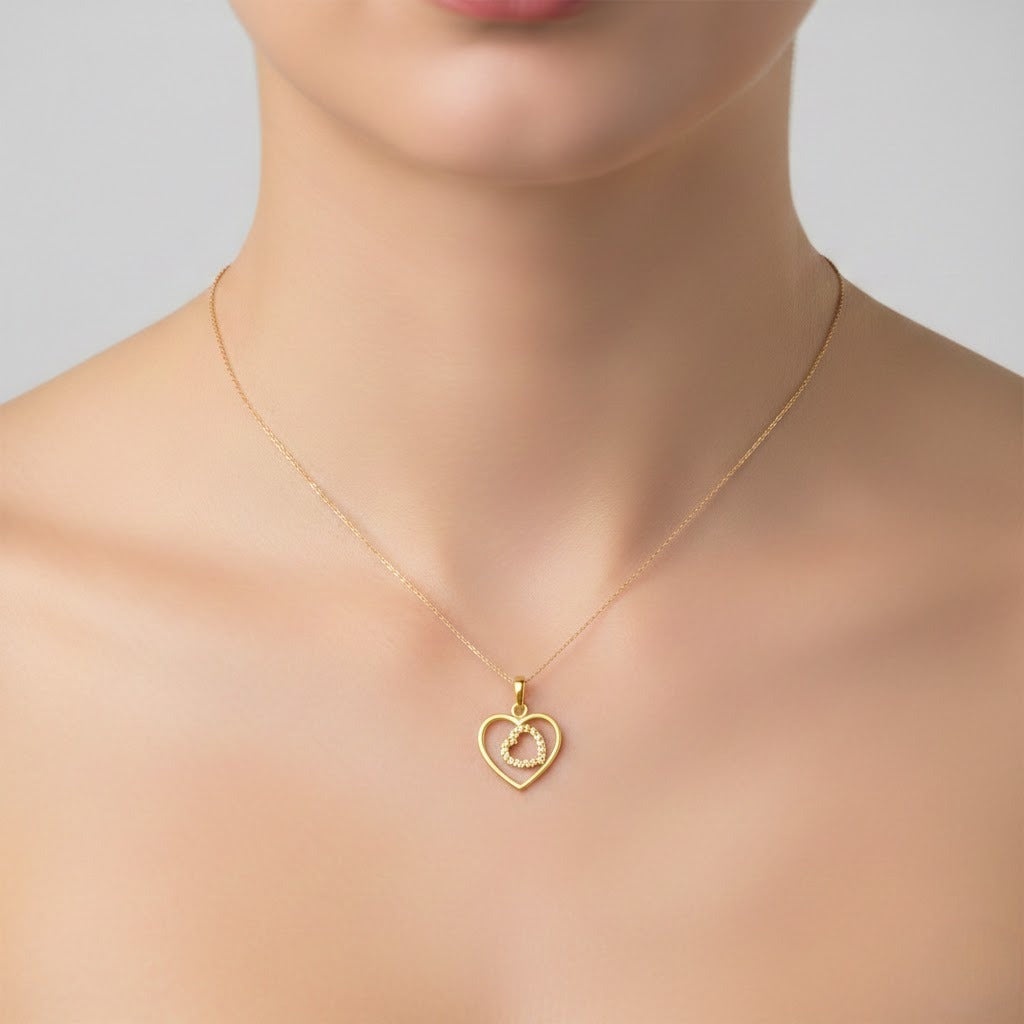9K Classic Double Heart Design Diamond Gold Pendant