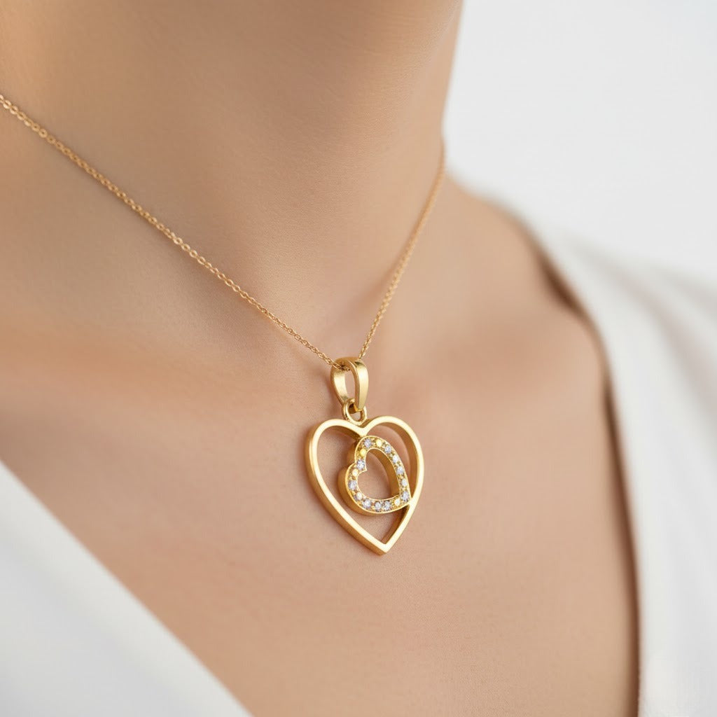 9K Classic Double Heart Design Diamond Gold Pendant
