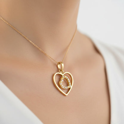 9K Classic Double Heart Design Diamond Gold Pendant