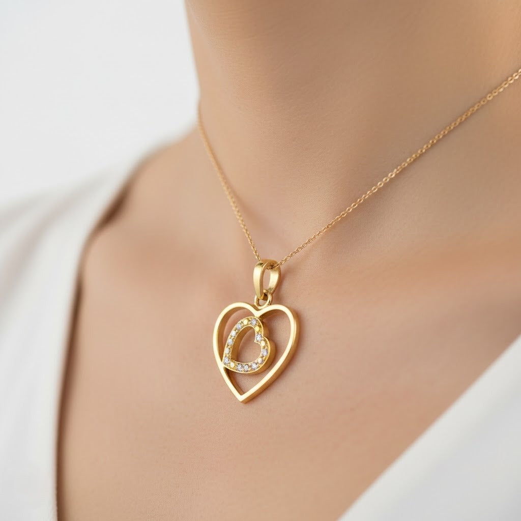 9K Classic Double Heart Design Diamond Gold Pendant