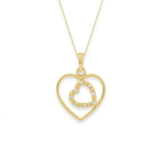 9K Classic Double Heart Design Diamond Gold Pendant