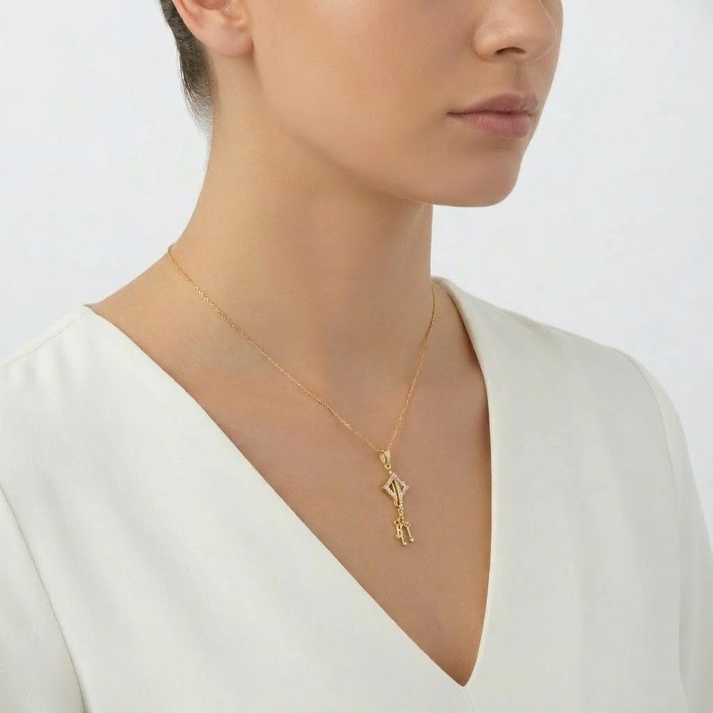 Modern Key Motif Sparkle Charm Diamond Gold Pendant