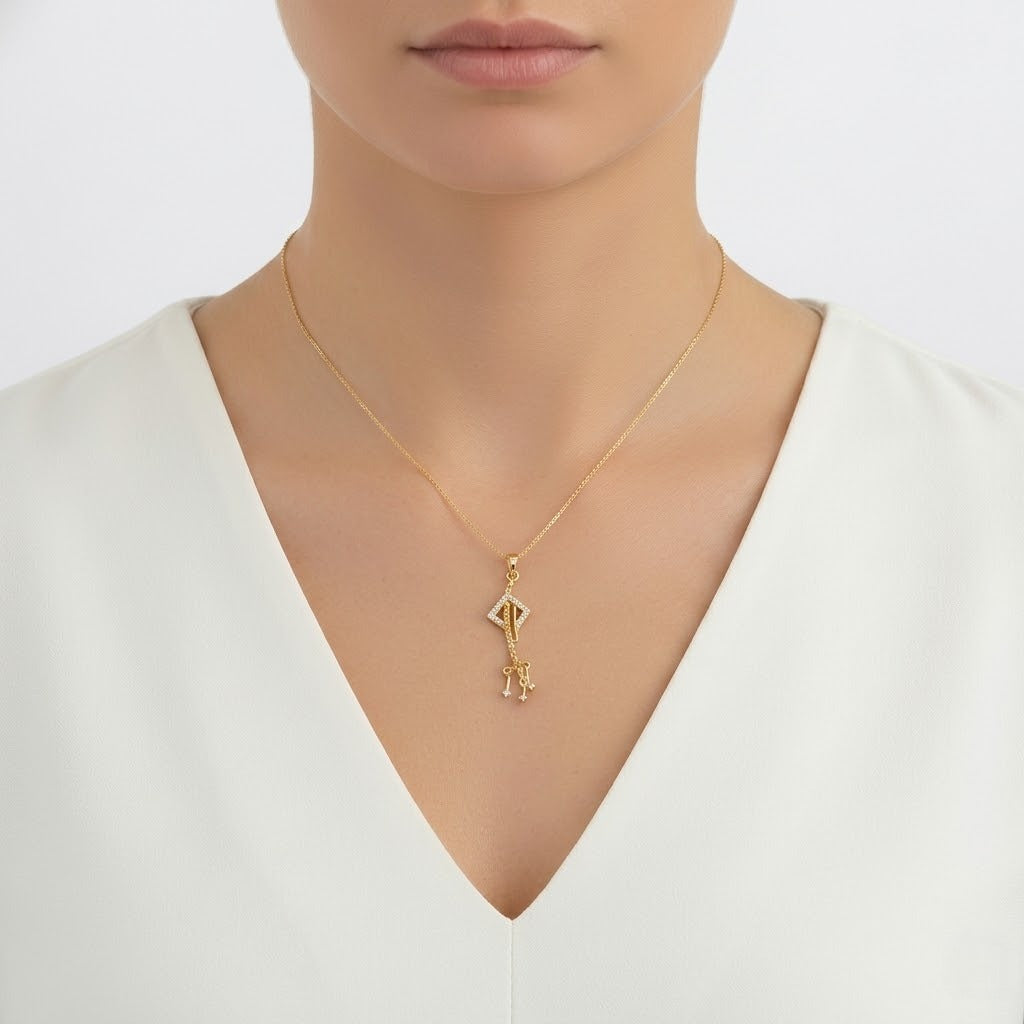 Modern Key Motif Sparkle Charm Diamond Gold Pendant