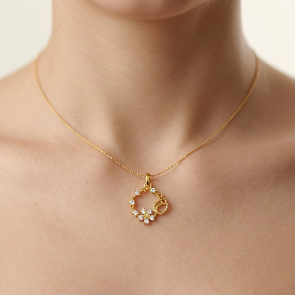 Delicate Floral Wreath Bloom Accent Diamond Gold Pendant