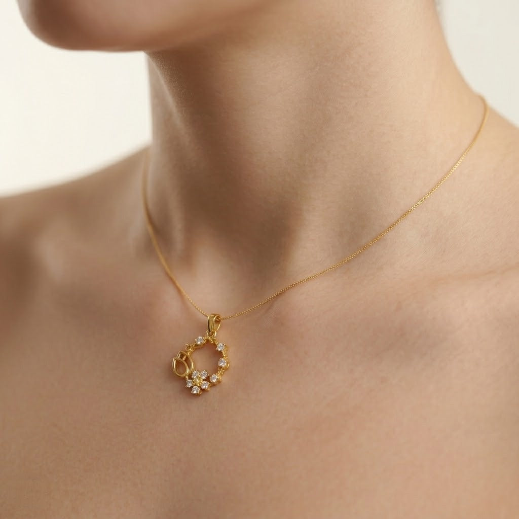 Delicate Floral Wreath Bloom Accent Diamond Gold Pendant
