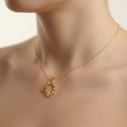 Delicate Floral Wreath Bloom Accent Diamond Gold Pendant