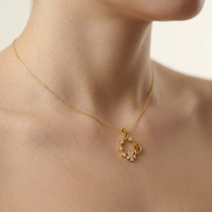 Delicate Floral Wreath Bloom Accent Diamond Gold Pendant