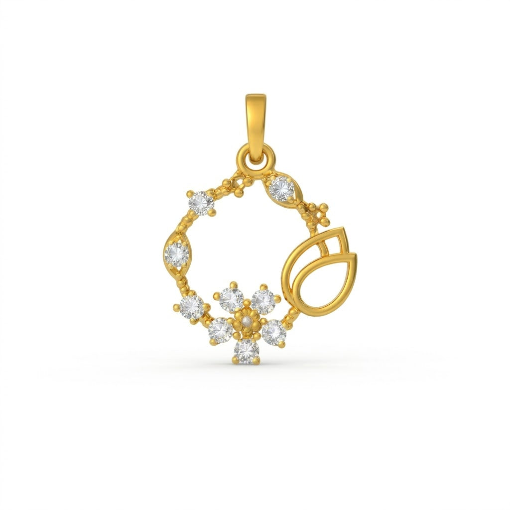 Delicate Floral Wreath Bloom Accent Diamond Gold Pendant