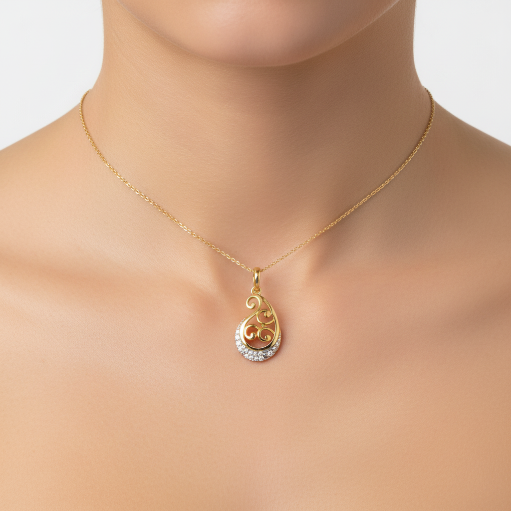 Classic Scroll Motif Stone Embellished Designer diamond gold pendant