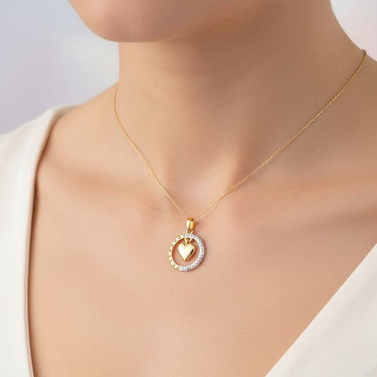 Elegant Heart Drop Circle Accent Diamond Gold Pendant
