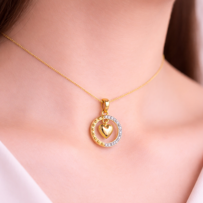 Elegant Heart Drop Circle Accent Diamond Gold Pendant