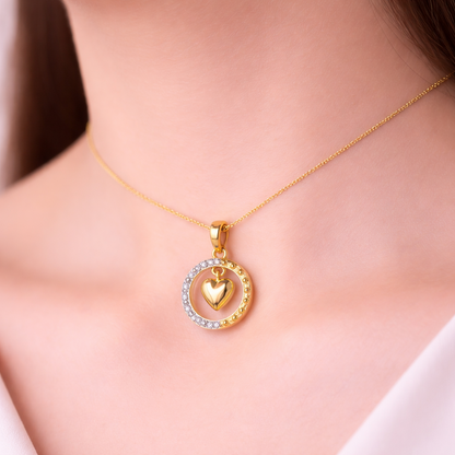 Elegant Heart Drop Circle Accent Diamond Gold Pendant