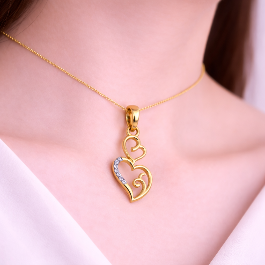 Graceful Double Heart Flow Sparkle Diamond Gold Pendant