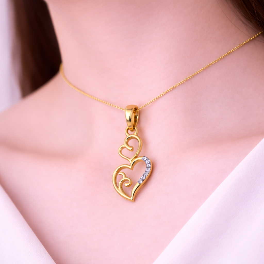 Graceful Double Heart Flow Sparkle Diamond Gold Pendant