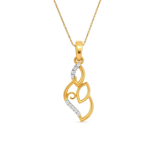 Elegant Flowing Leaf Curve Sparkle Diamond Gold Pendant