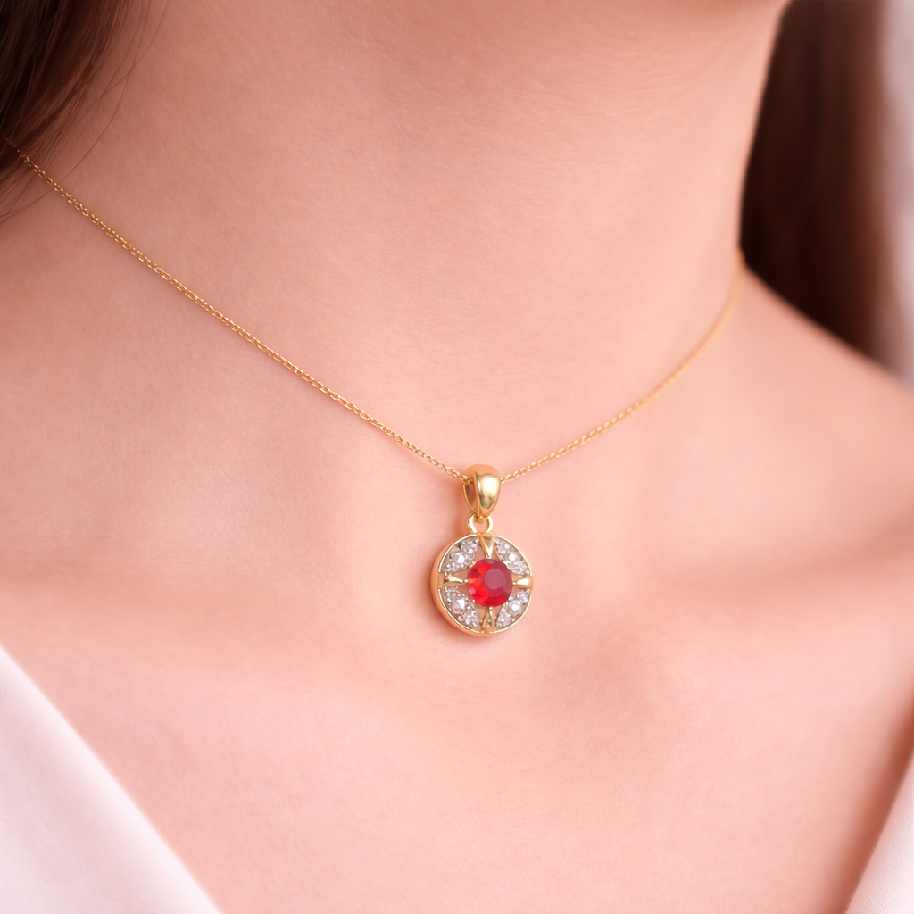 Classic Ruby Center Round Halo Accent Diamond Gold Pendant