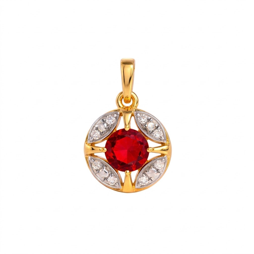 Classic Ruby Center Round Halo Accent Diamond Gold Pendant