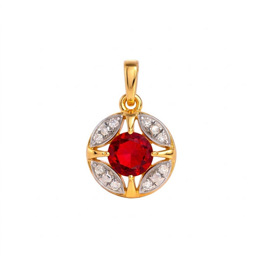 Classic Ruby Center Round Halo Accent Diamond Gold Pendant