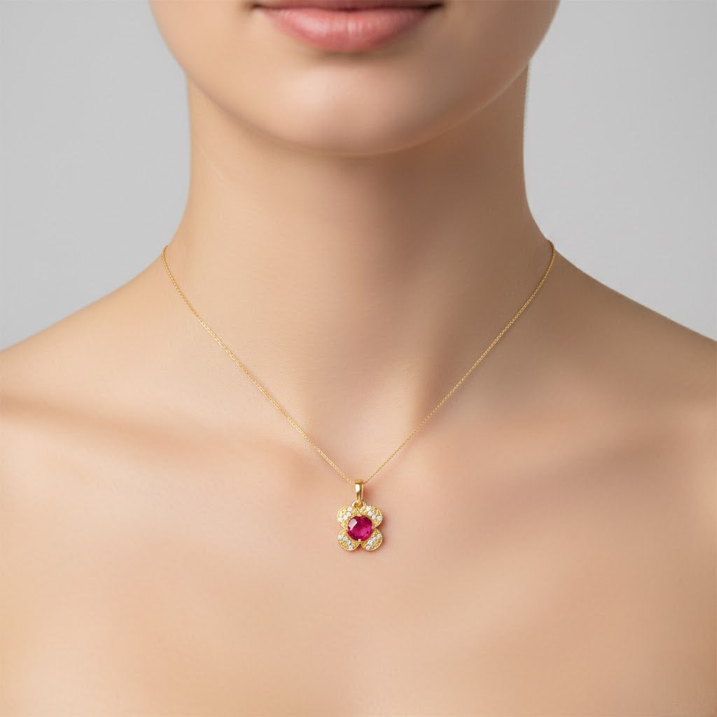 Ruby Floral 9K Diamond Gold Pendant
