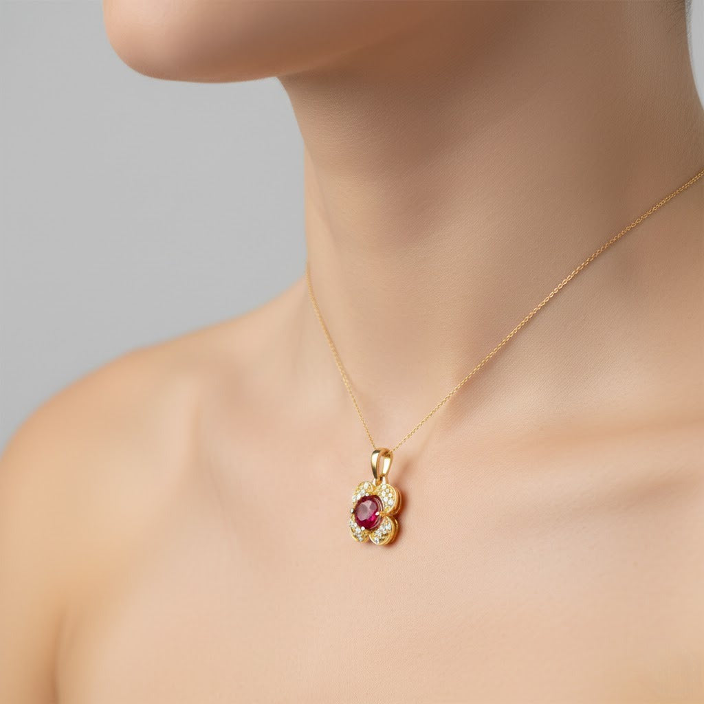 Ruby Floral 9K Diamond Gold Pendant