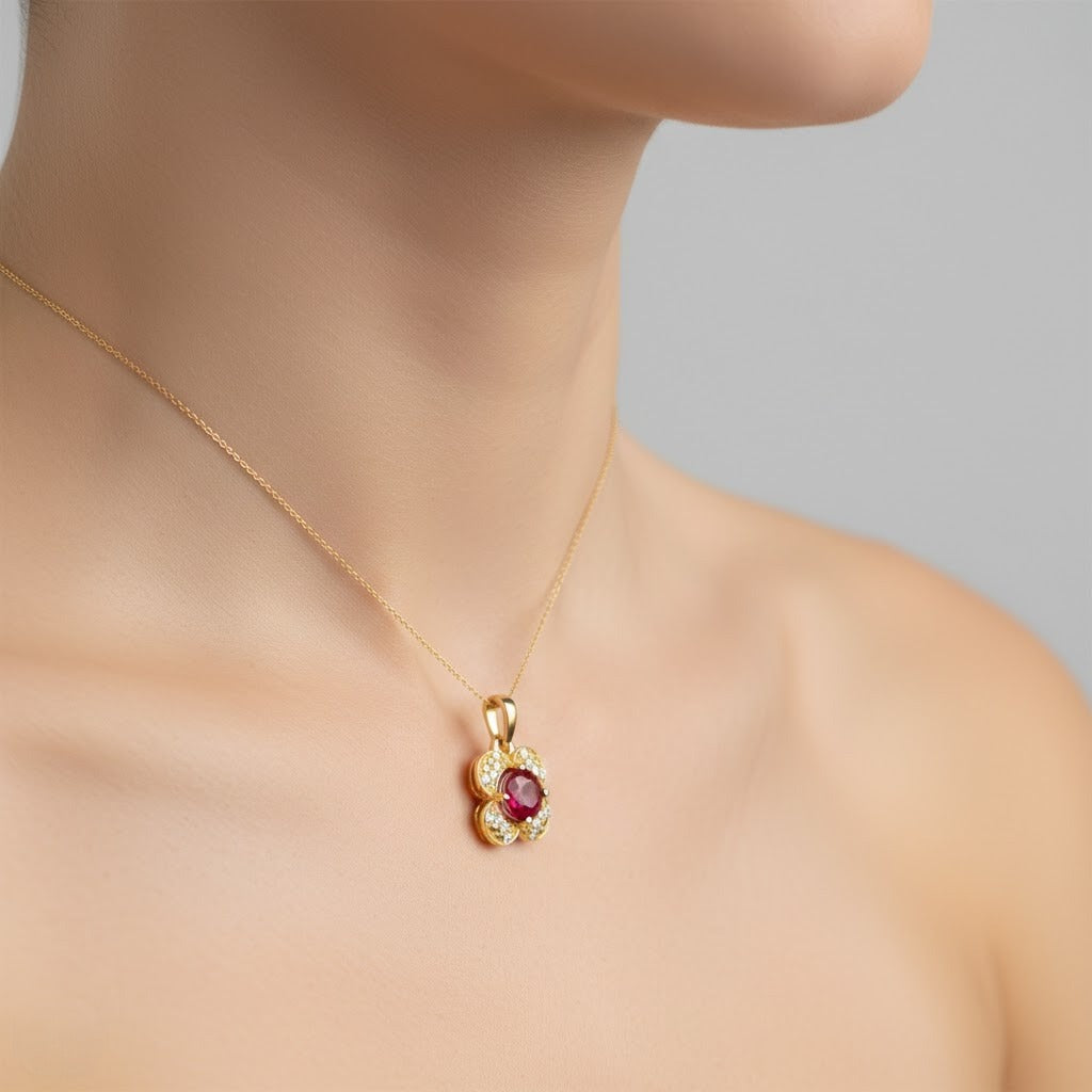 Ruby Floral 9K Diamond Gold Pendant