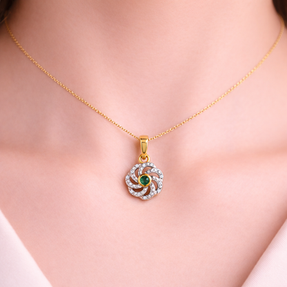 Elegant Swirl Halo Emerald Center Diamond Gold Pendant