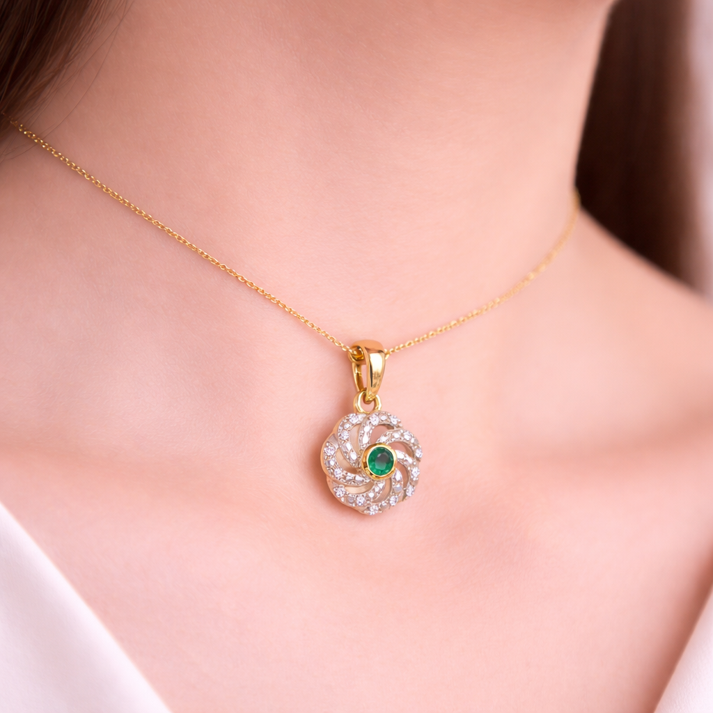 Elegant Swirl Halo Emerald Center Diamond Gold Pendant