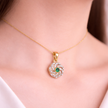 Elegant Swirl Halo Emerald Center Diamond Gold Pendant