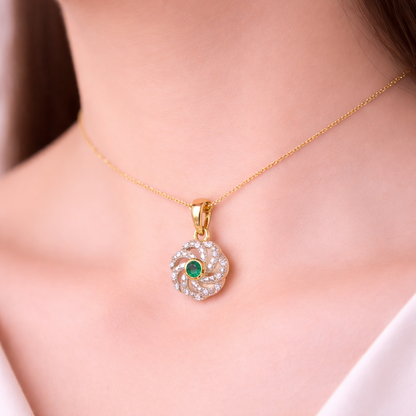 Elegant Swirl Halo Emerald Center Diamond Gold Pendant