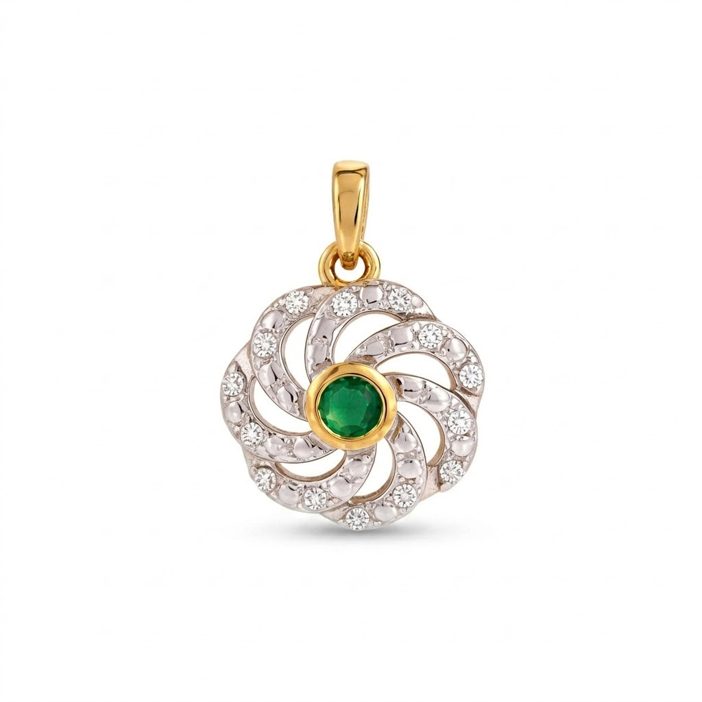 Elegant Swirl Halo Emerald Center Diamond Gold Pendant