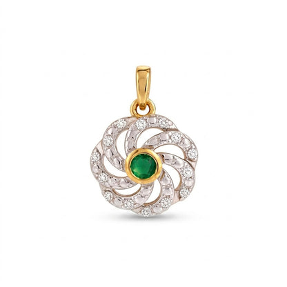 Elegant Swirl Halo Emerald Center Diamond Gold Pendant