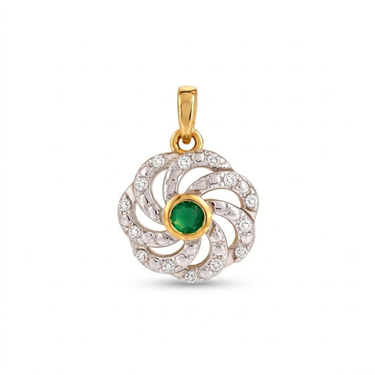 Elegant Swirl Halo Emerald Center Diamond Gold Pendant