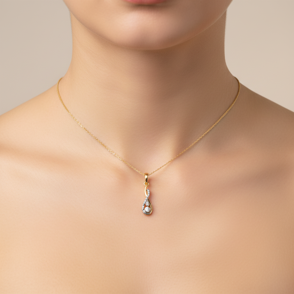 Elegant Curved Drop Design Diamond Gold Pendant