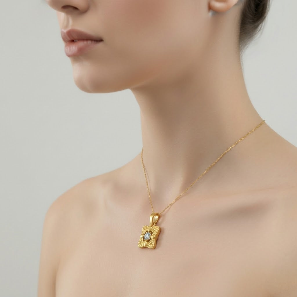 Textured Floral Square Diamond Gold Pendant