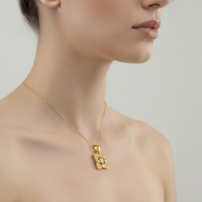 Textured Floral Square Diamond Gold Pendant