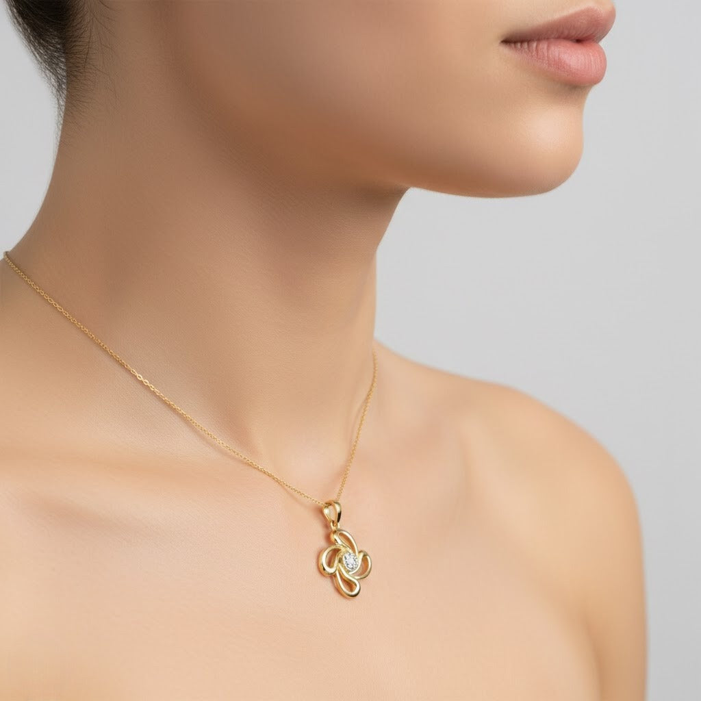 Elegant Swirl Floral Design Diamond Gold Pendant