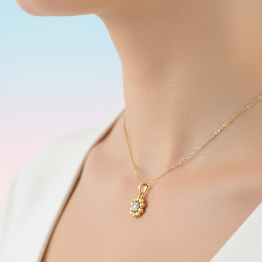 Classic Beaded Halo Diamond Gold Pendant