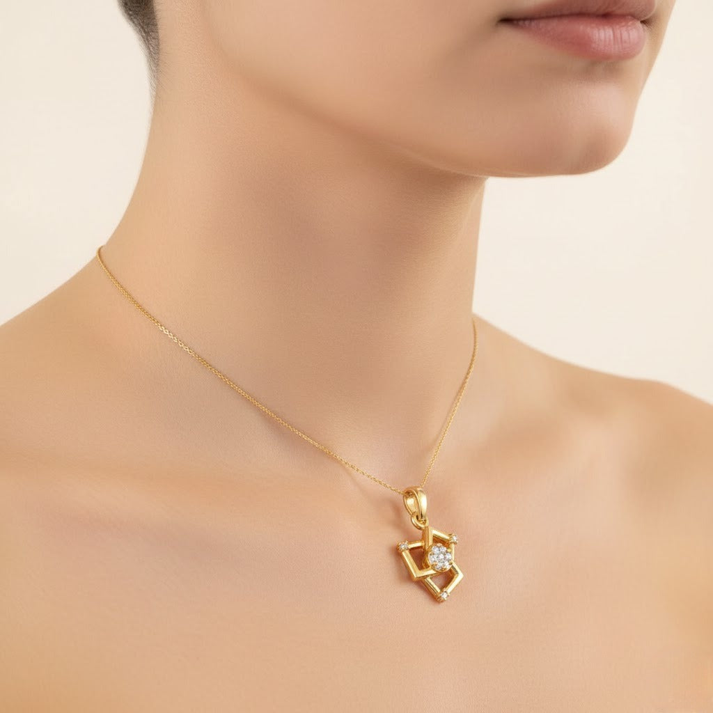Modern Interlocked Square Center Sparkle Diamond Gold Pendant
