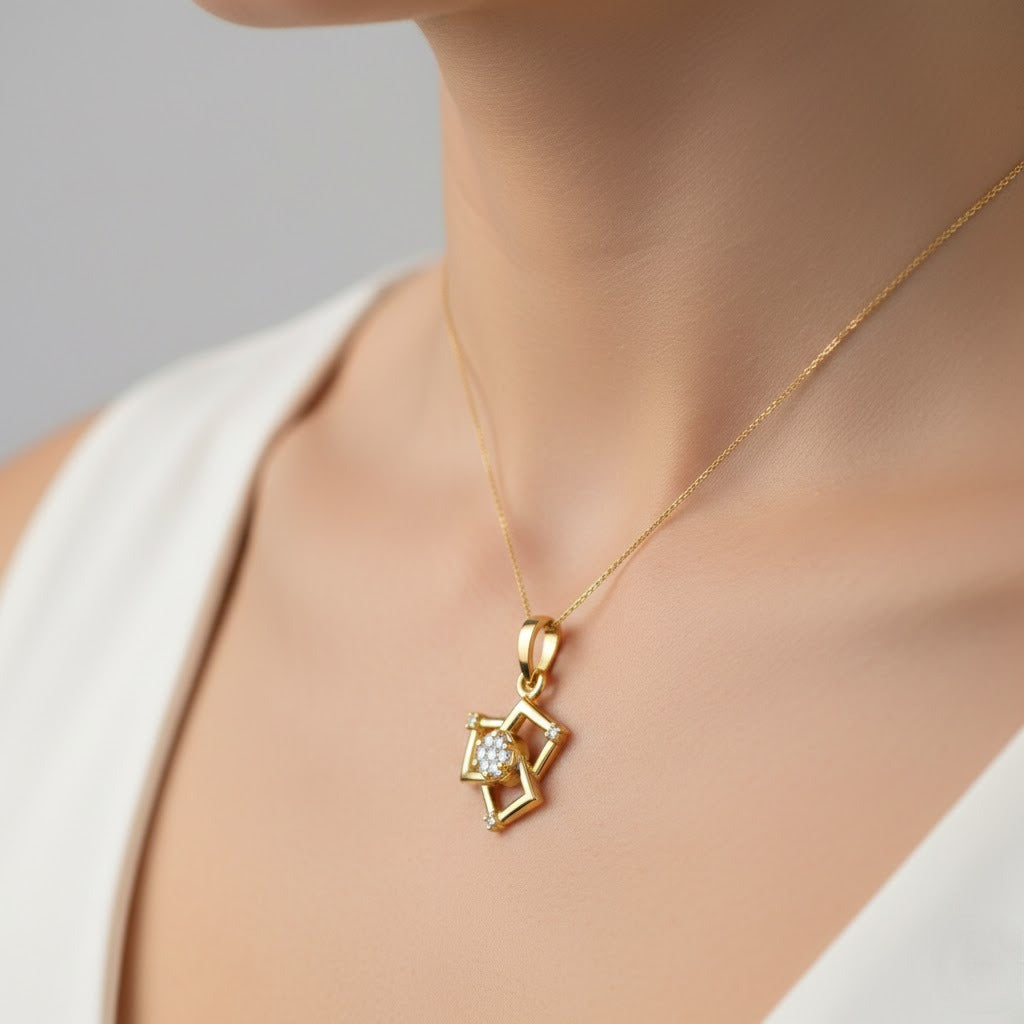 Modern Interlocked Square Center Sparkle Diamond Gold Pendant
