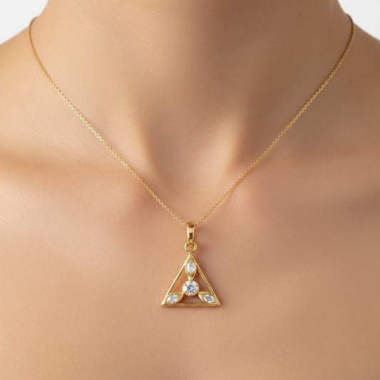 Modern Geometric Triangle Center Sparkle Diamond Gold Pendant