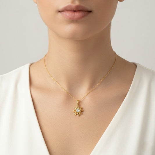 Radiant Floral Burst Sparkle Diamond Gold Pendant