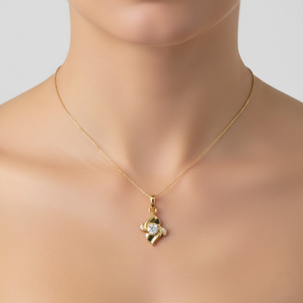 Graceful Wave Motif Accents Diamond Gold Pendant