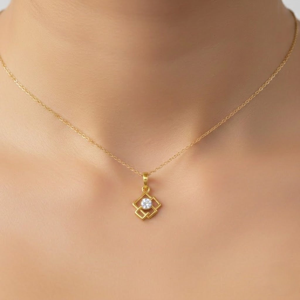 Geometric Square Frame Floral Center Diamond Gold Pendant