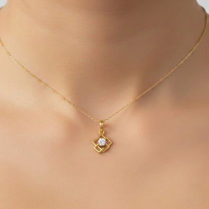 Geometric Square Frame Floral Center Diamond Gold Pendant