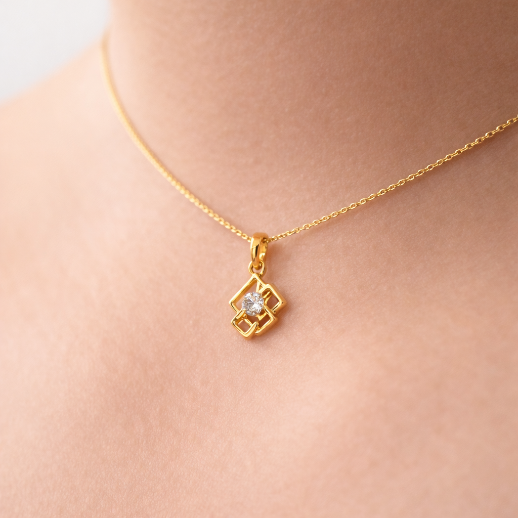Geometric Square Frame Floral Center Diamond Gold Pendant
