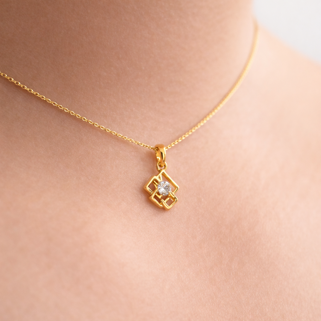 Geometric Square Frame Floral Center Diamond Gold Pendant