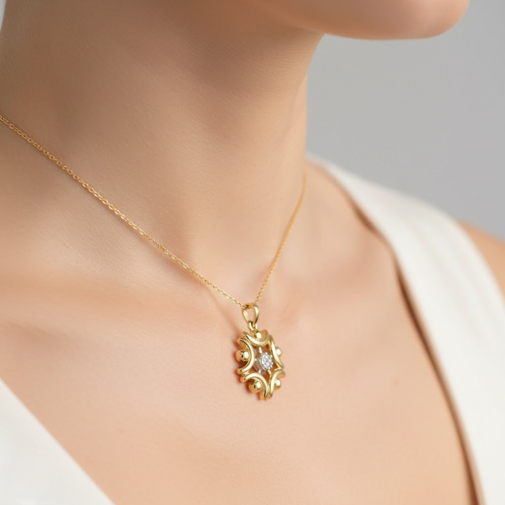 Artistic Floral Curve Motif Diamond Gold Pendant