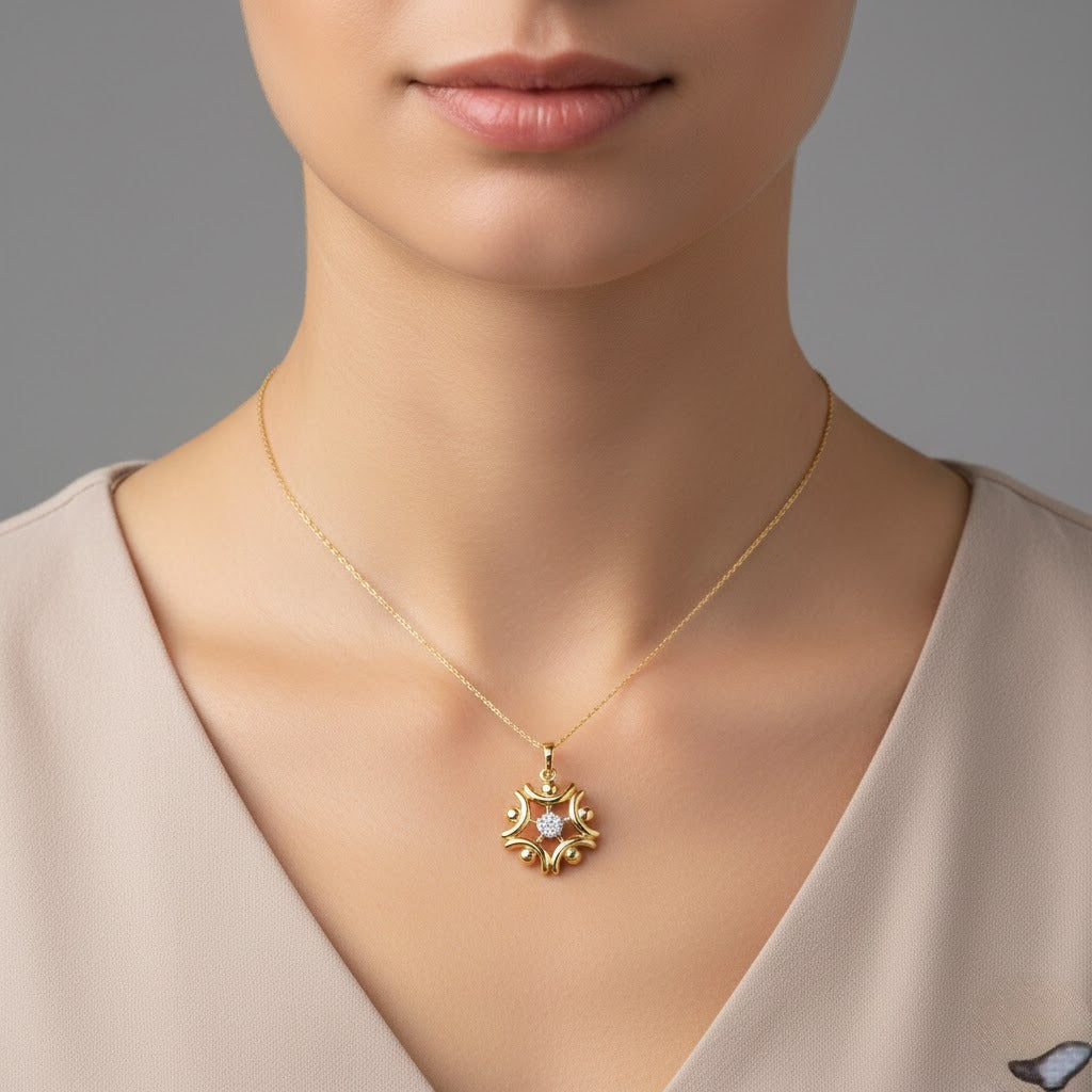 Artistic Floral Curve Motif Diamond Gold Pendant