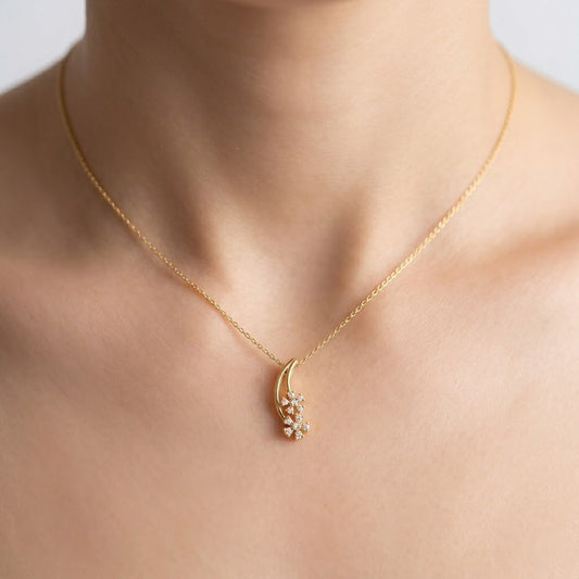 Delicate Curved Floral Drop Sparkle Diamond Gold Pendant