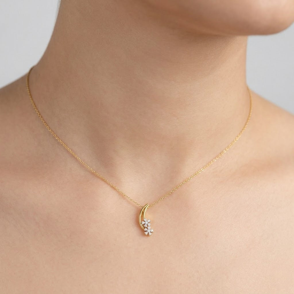 Delicate Curved Floral Drop Sparkle Diamond Gold Pendant
